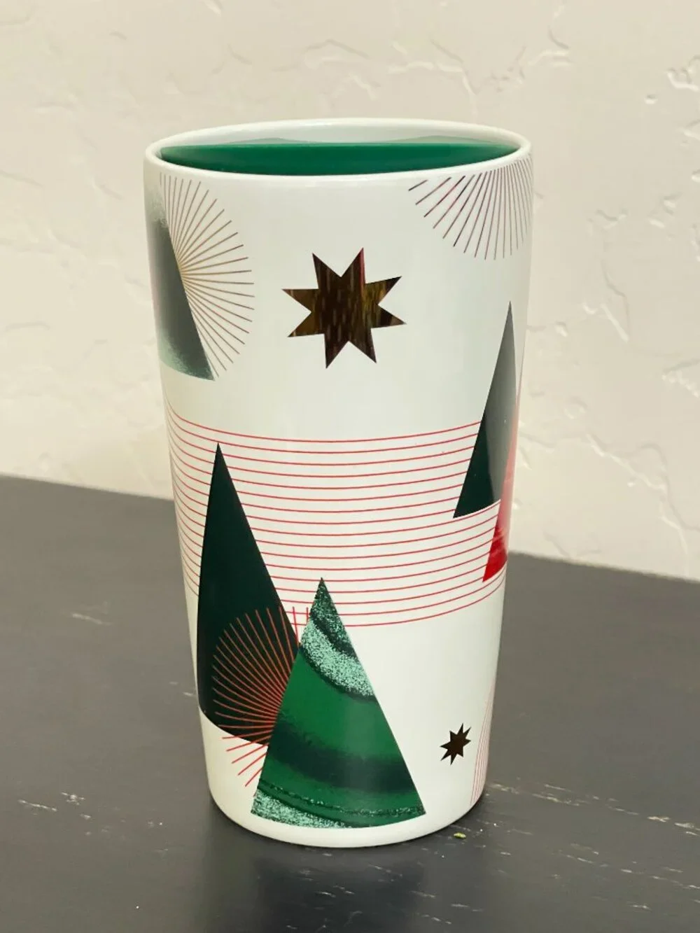 Starbucks Cup Mug with Lid Christmas Trees Stars Holiday Ceramic Tall 12 oz